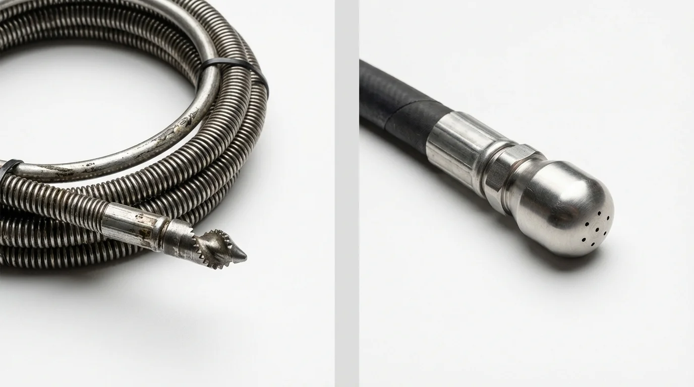 Drain snake cable and hydro jetting nozzle used for drain cleaning in Wading River, NY