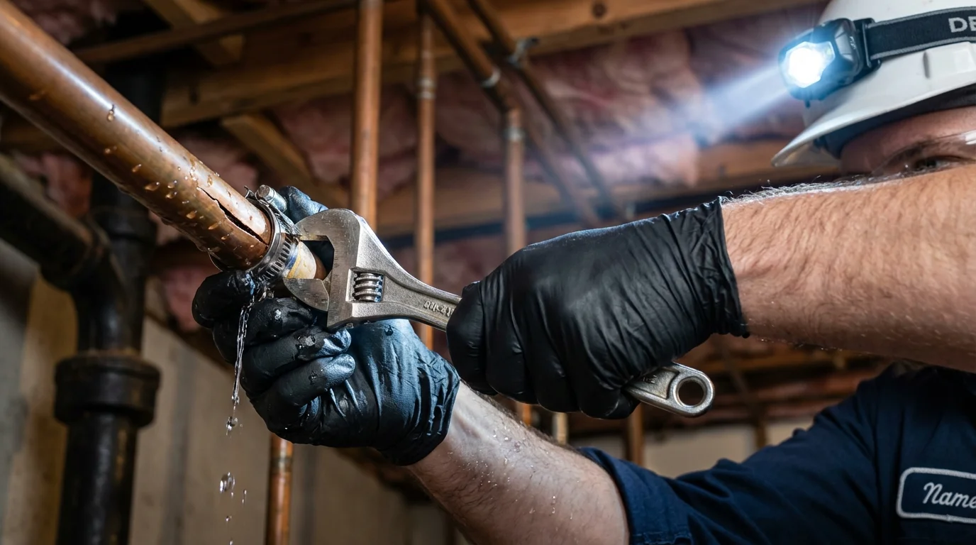 Emergency pipe clamp repair being performed by a Johns Plumbing LLC plumber in Wading River