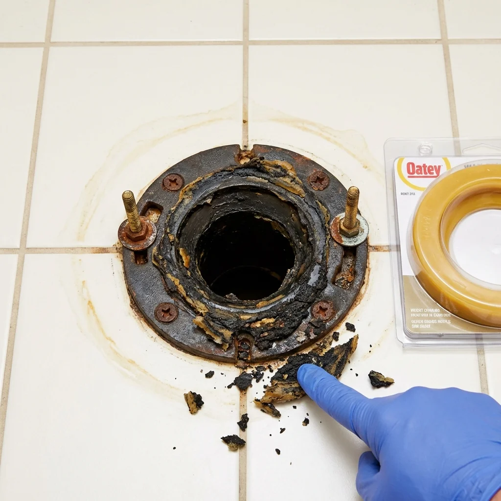 Failed wax ring showing water seepage at the base of a toilet in a Wading River, NY home