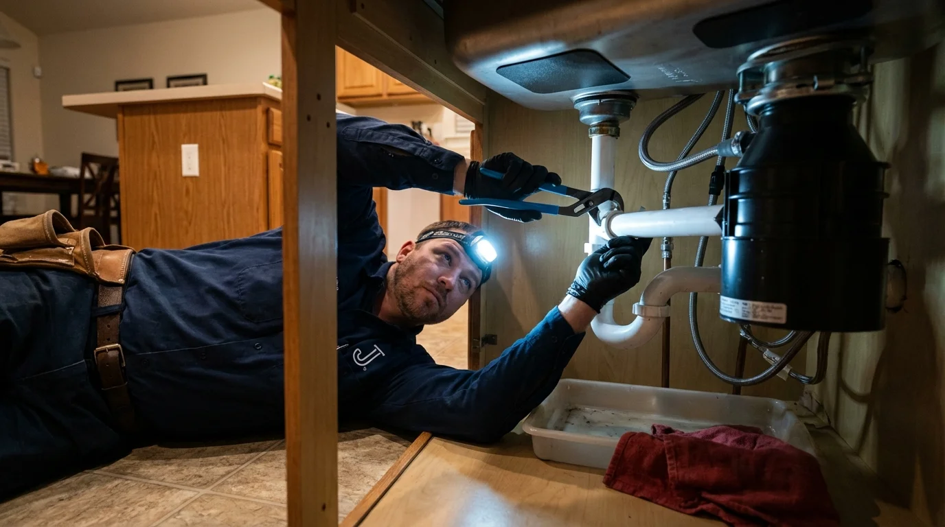 P-trap and supply line connections under a kitchen sink showing a common leak point in Wading River, NY